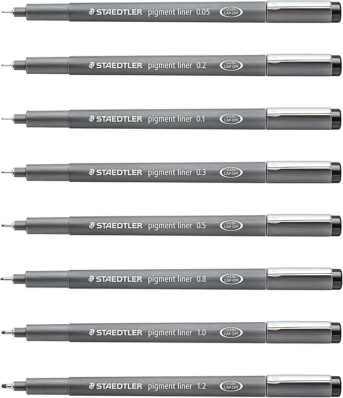 Staedtler Pigment Liner Pack, Black, 8 Pens, Assorted Line Widths, 0.05mm, 0.1mm, 0.2mm, 0.3mm, 0.5mm, 0.8mm, 1.0mm, 1.2mm