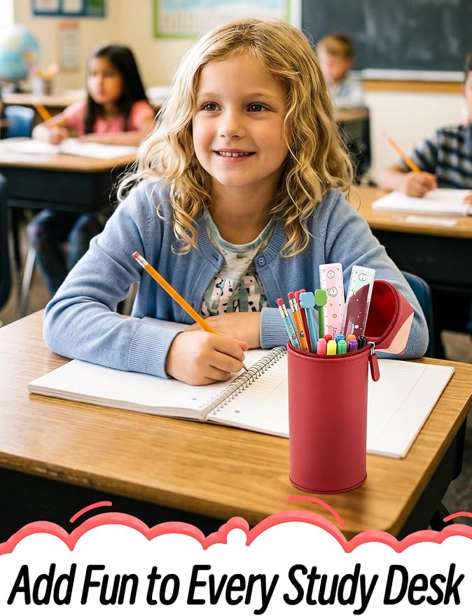 PAMASE Standing 2-in-1 Pencil Case & Pen Holder for Girls Boys, Red | Cute Soft Silicone Pencil Pouch Bag, with Zipper and Pull-Out Base, for Kids School Supplies