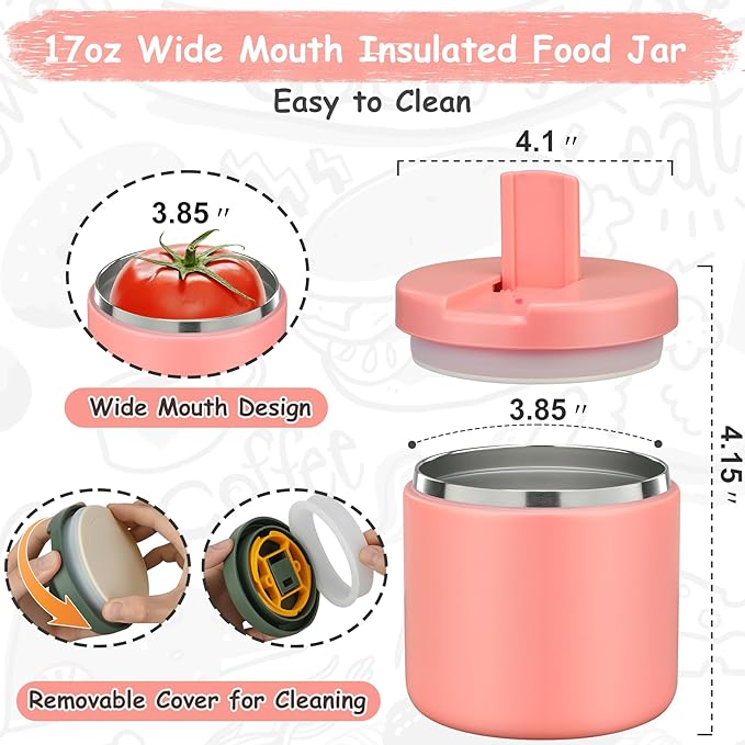 Pawtong 19oz Insulated Vacuum Food Jar with Buckle Lid Wide Mouth Soup Thermo for Hot Food Kids Leakproof Stainless Steel Lunch Container- Pink-1Pack