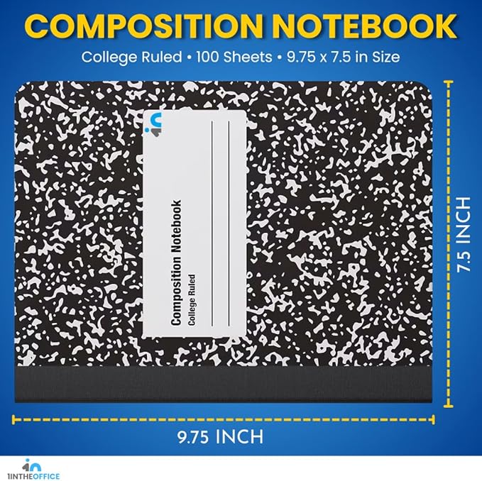 1InTheOffice College Ruled Composition Notebook, Hard Cover Notebook, Marble Composition Notebook, 7.5" x 9.75", 100 Sheets, Assorted colors, 6 Pack