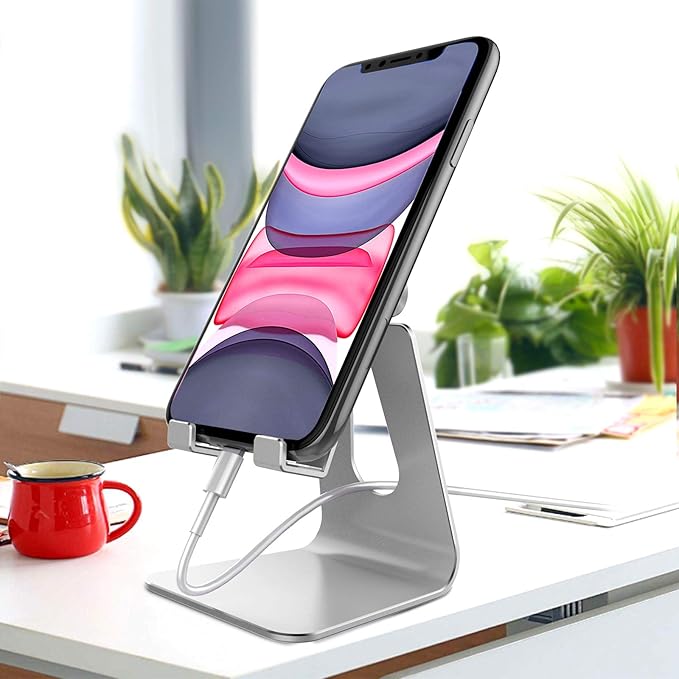 CreaDream Adjustable Cell Phone Stand, Phone Stand, Cradle, Dock, Holder, Aluminum Desktop Stand Compatible with Phone Xs Max Xr 8 7 6 6s Plus SE Charging, Accessories Desk,All Mobile Phones-Silver