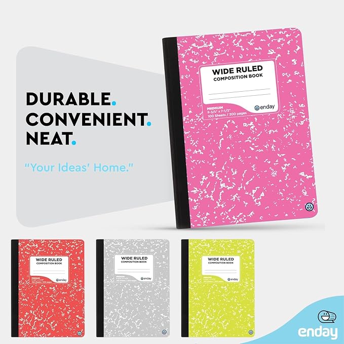 Emraw Composition Notebooks Wide Ruled Paper, Colored Marble Composition Notebook Covers, 100 Sheets (200 pages) Composition Books, Marble Notebooks Wide Ruled, Pink -Red -Grey -Green – by Enday