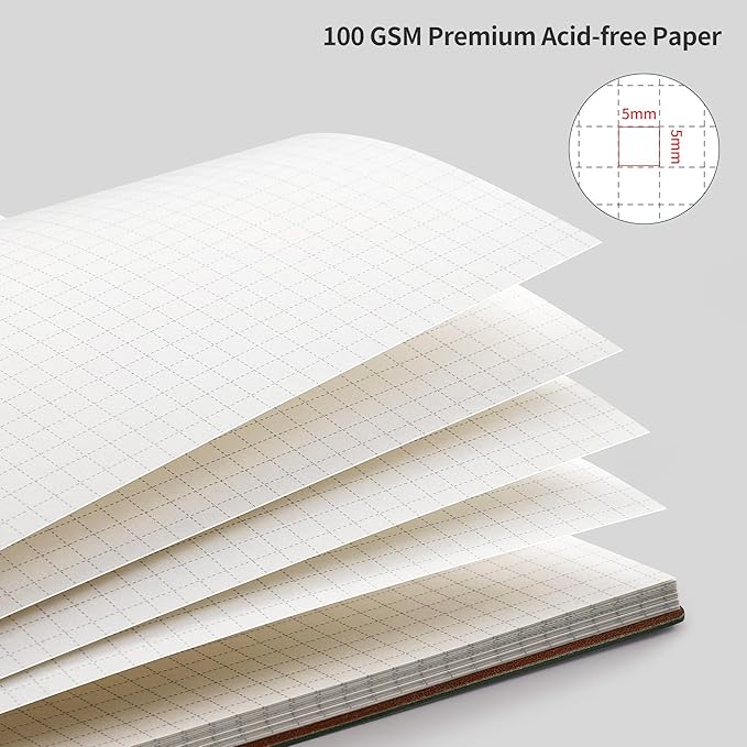 RETTACY Graph Grid Paper Notebook, 96 Pages, A4 Large Size (8.5'' x 11''), 5 Squares per Inch, Leather Softcover, 100 GSM Thick Paper, for School, Students, Math, Engineering (Brown)