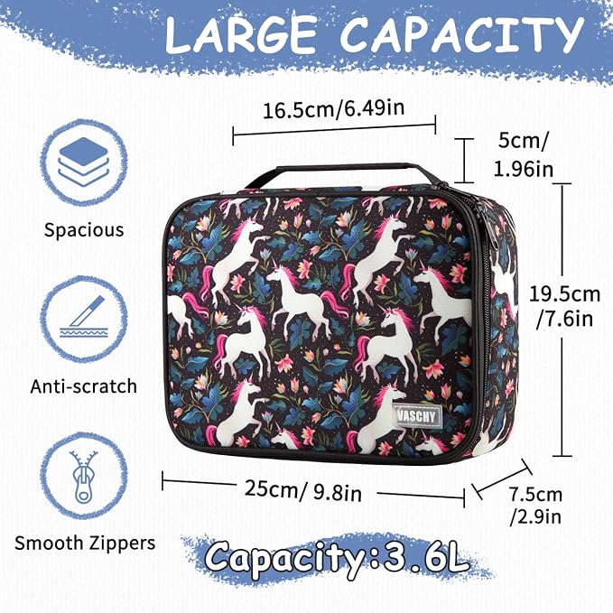 VASCHY Large Pencil Case, Art Color Pencils Pouch with Detachable Layers Multiple Zip Pockets for School Office Stationary Organization Black Unicorn