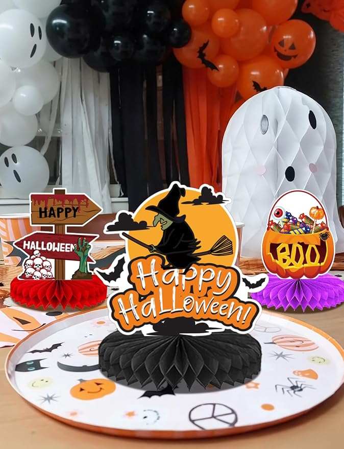 10Pcs Halloween Party Decorations Honeycomb Centerpiece - Halloween Table Decorations Spooky Orange Black Table Centerpieces Pumpkin Ghost Witch Table Topper Decor Indoor Outdoor Supplies