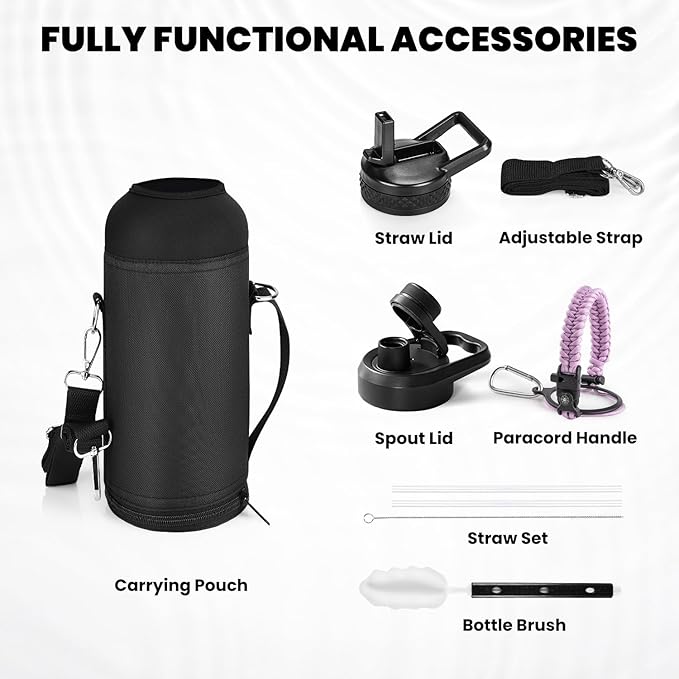 RAYMYLO Insulated Water Bottle 40 oz, Triple Wall Vacuum Stainless Steel (Cold for 36Hrs, Hot for 18Hrs), Leak Proof & Non-BPA, Modern Water Flask Jug with Paracord Handle & Straw Spout Lids