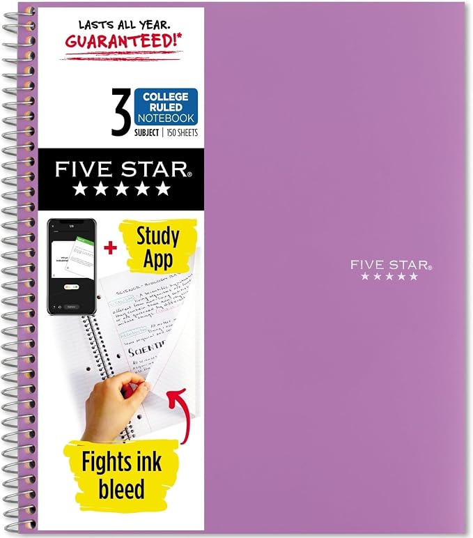 Five Star Spiral Notebook + Study App, 3 Subject, College Ruled Paper, 8-1/2" x 11", 150 Sheets, Fights Ink Bleed, Water Resistant Cover, Amethyst Purple (38746) (Pack of 6)