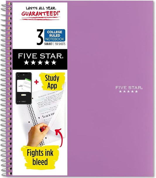Five Star Spiral Notebook + Study App, 3 Subject, College Ruled Paper, 8-1/2" x 11", 150 Sheets, Fights Ink Bleed, Water Resistant Cover, Amethyst Purple (38746) (Pack of 6)