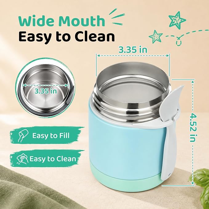 Pawtong10oz Soup Thermo for Hot Food Kids Insulated Food Jar,Thermo Hot Food Lunch Container, Width Mouth Stainless Steel Lunch Box for Kids with Spoon (Mint)