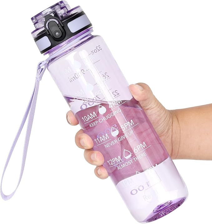 OLDLEY Water Bottle, 32oz Motivational Sports Water Bottle with Time Marker - Times to Drink - Tritan, BPA Free, Wide Mouth Leakproof,Anniversary Birthday Gifts for Men Women, Amethyst (1 Bottle)