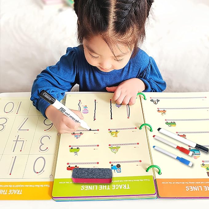 Tiiano Preschool Learning Activities for 3+ Year Olds, Toddler Handwriting Practice Workbook with 4 Dry Erase Markers, Montessori Learning for Ages 3+, Kindergarten Readiness