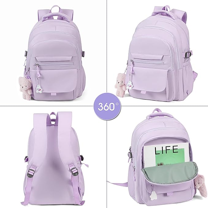 PRLINJSK Girls Backpack for College High Middle School Student, Cute Aesthetic Bookbag for Teens Women with Accessories，Purple