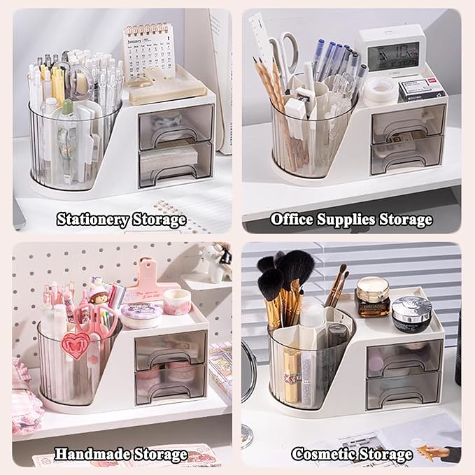 SAYEEC Rotating Desk Organizer with 2 Drawer 6 Slots Multi-Functional Pencil Pen Holder Desktop Makeup Organizer Stationery Accessories Storage Box Caddy for Office School Home Art Supplies (White)
