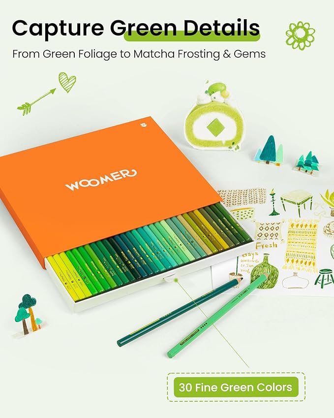 Woomer Premium Colored Pencils with Paper: 30 Forest Colors, 3.8mm Soft Core, High Color Payoff, Not Easy to Break with 20 Sheets of Durable Fine-grained Paper