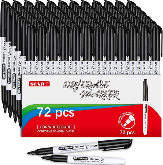 SFAIH Fine Tip Dry Erase Markers, Black, 72 Pack | Bulk Pack for Large Offices, School, Training Centers & Institutional Use | Low-Odor Whiteboard Markers