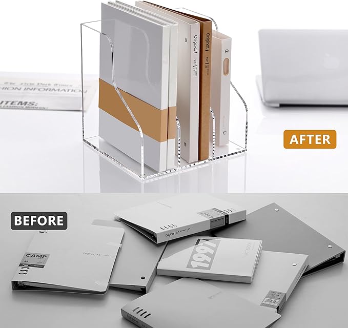 SANRUI Acrylic File Organizer, Clear Magazine File Holder with 3 Vertical Compartments, Desk Organizer for Home School Office Organization, Desk Bookshelf