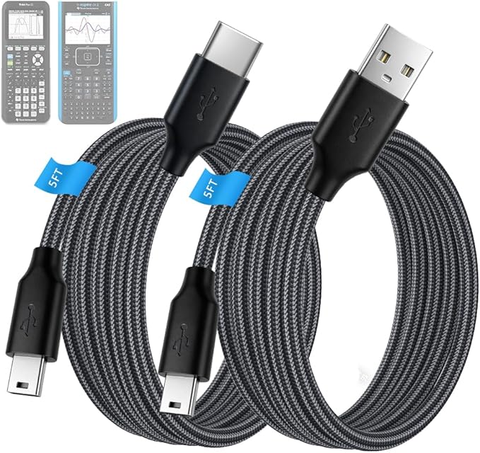 2 Pack USB & USB C Braided Charger for TI 84 Plus CE, Data Cable for Texas Instruments Calculators TI-84 Plus CE/C Silver, TI 89 Titanium, TI Nspire CX/TI Nspire CX CAS -5ft