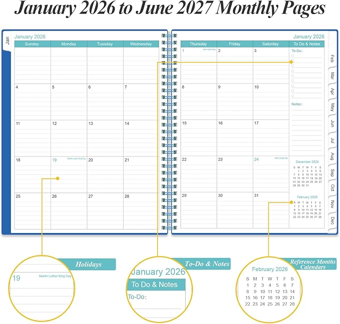 2026-2027 Monthly Planner - 18 Monthly Calendar, January 2026 - June 2027, Two Pages Per Month, 9" x11" Planner with Tabs, Strong Twin-Wire Binding, Inner Pocket, Teal