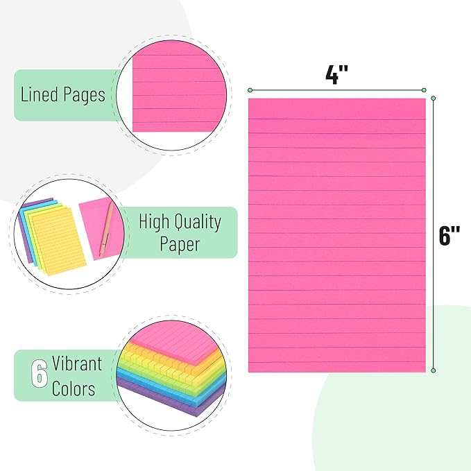 Mr. Pen- Lined Sticky Notes, 4" x 6", 6 Pads, 60 Sheets/Pad, Vibrant Color, Sticky Notes with Lines, Ruled Post Stickies, Memo Pads, Self-Stick Note Pad for Office, School, Home, Study