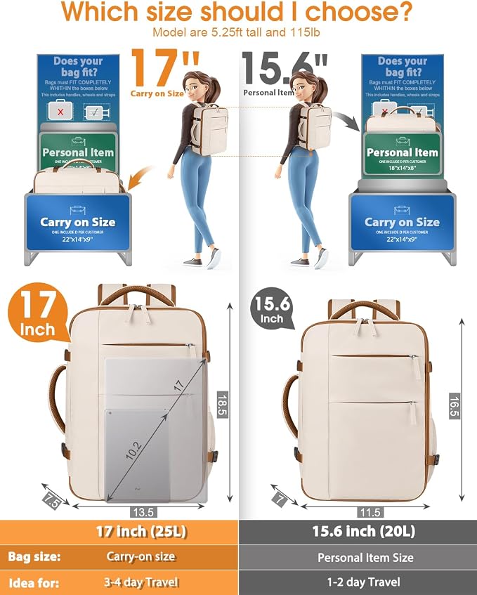 Capolo Travel Backpack for Women Men Waterproof Laptop Backpack Airlines Approved Carry On Backpack Bag Computer Bookbag for Business, Work, Traveling Fits 17 Inch Laptop(Beige &Brown Zipper)