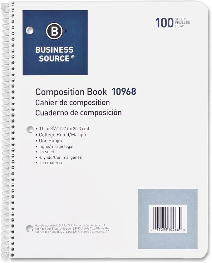 Business Source Wirebound College Ruled Notebooks - Letter, White, 100 Sheets