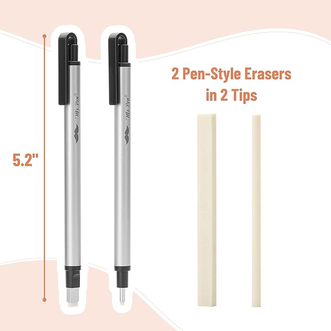 Mr. Pen- Pen Style Eraser Set, 2 Pack, Square & Round Tip, Precision Pencil Erasers, Retractable Silver Eraser Pens for Drawing, Sketching, Detail Correction, Office & School Supplies