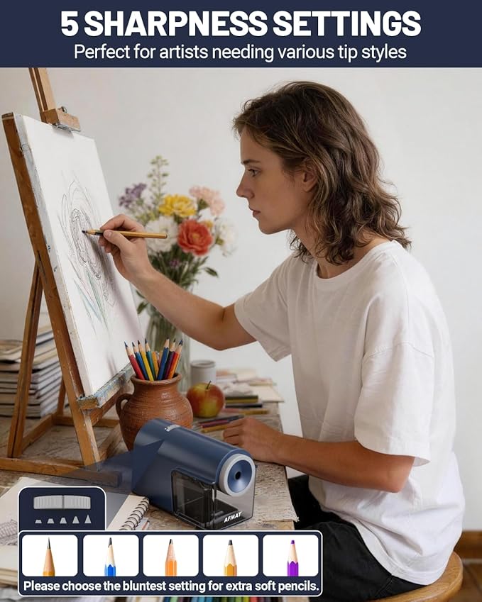 AFMAT Electric Pencil Sharpener, Fully Automatic Pencil Sharpener for 6.5-10.5mm No.2/Jumbo/Colored Pencils, Auto in & Out, 5 Sharpness Modes, 10000+ Sharpenings for Classroom Home Office, PSC5(Blue)