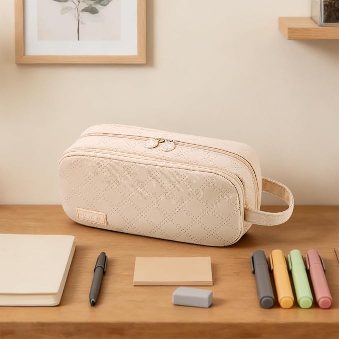 EASTHILL Large Capacity Pencil Case Cute Pencil Pouch with Handle Stationery Pen Bag for Teen Girls-Cream