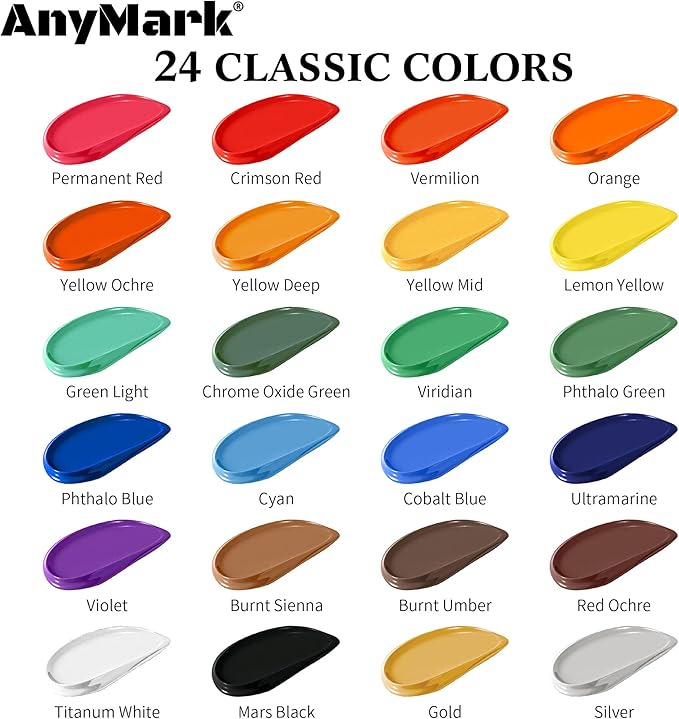 AnyMark Acrylic Paint Set, 24 Classic Colors with 10 Brushes, 2 fl oz/60ml Bottles, Art kit Painting Supplies for Adults Canvas, Rock, Wood