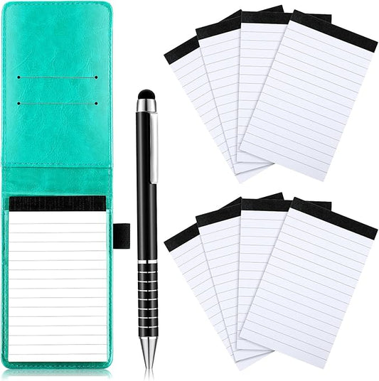 Outus 10 Pcs Mini Pocket Notepad Holder Set Included Small Leather Pocket Notebook Holder with 50 Lined Sheets, Metal Pen, 8 Pcs 3 x 5 Inch Memo Book Refills, 30 Lined Paper Per Note Pad (Bright Blue)