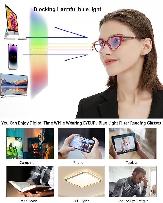EYEURL 4-Pack Cat Eye Reading Glasses for Women- Blue Light Blocking Readers with Spring Hinges,Anti-Glare/UV Rays Reading Glasses,0.75