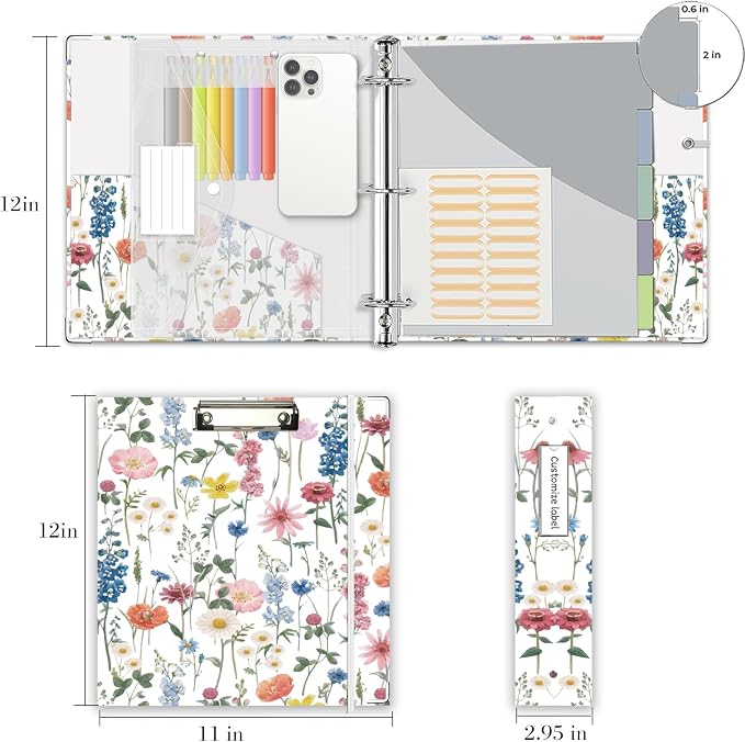 3 Ring Binder 2 Inch for 8.5"x11" Paper, Three Ring Binders with Clipboard, 5 Dividers with Tabs and Pockets, Plastic Folder, 18 Divider Stikers,Cute Binder with Pen Holder,Blue Bloom