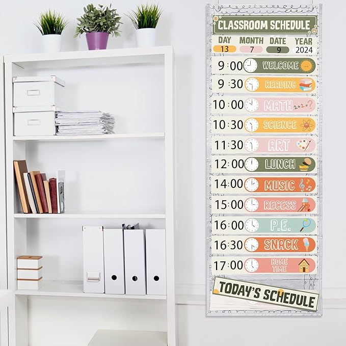MotiMind Daily Schedule Pocket Chart for Classroom, Calendar Pocket Chart 13+1 Pockets, 21 Reusable Cards for Classroom School 13" x 36" (Bright Color,Retro)