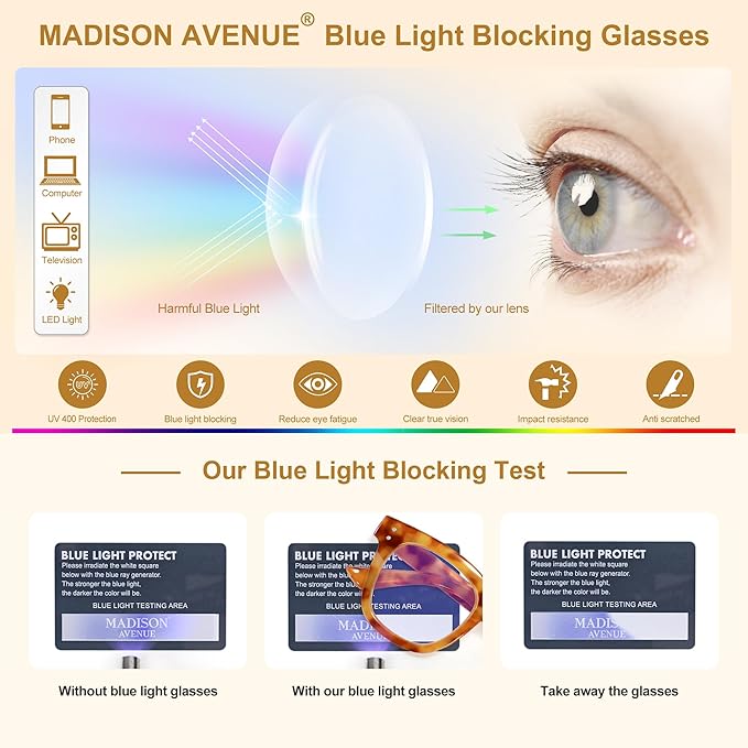 Madison Avenue Oversized Blue Light Blocking Glasses for Women Fashion Blue Light Blockers Anti Eyestrain & UV Protection Computer Eyeglasses (Orange Demi)