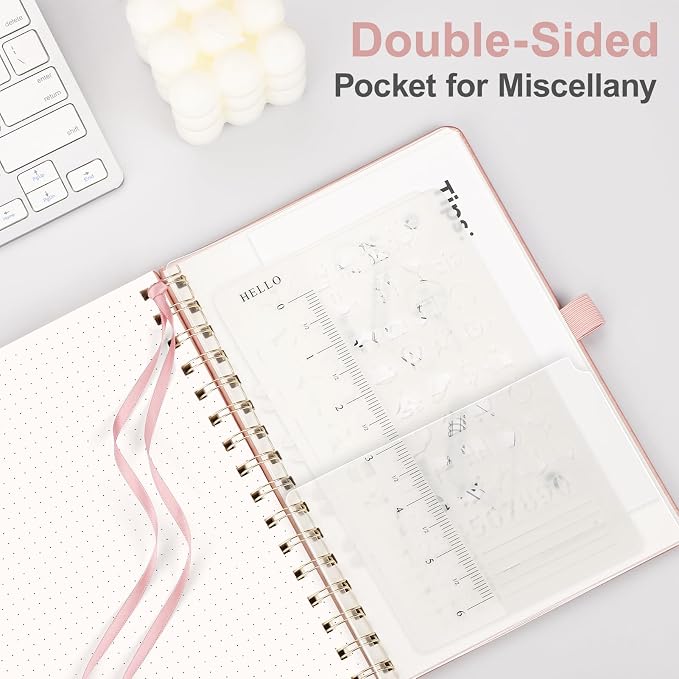 AHGXG Dotted Journal Spiral Notebook, Hardcover Leather Dotted Notebook 140 Pages, A5 Dot Grid Paper Notebook, 100 gsm Thick Paper, for Dotted Journaling, 5.7" x 8.3", Rose Gold