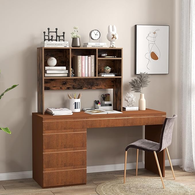 Giantex Desktop Bookshelf, Countertop Storage Hutch with 4 Shelves for Computer Desk, Dressing Tabletop Display Rack, Multipurpose Desk Hutch Storage Organizer for Home Office Dorm (Rustic Brown)
