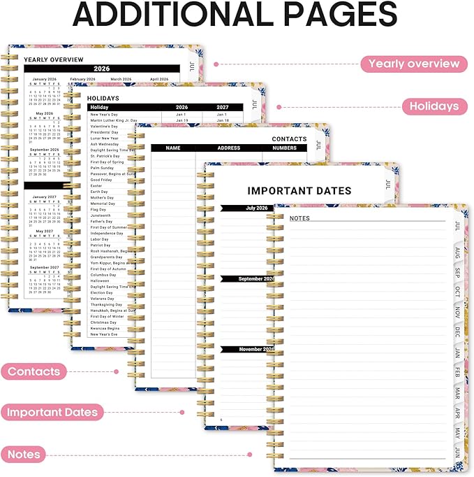 Planner 2026-2027, Academic Year Monthly and Weekly Calendar Planner, Jul 2026 - Jun 2027, Hardcover Teacher Student Planning Agenda book with Tabs, Perfect for School Office Supplies, 6.3" x 8.5" - Pink Garden