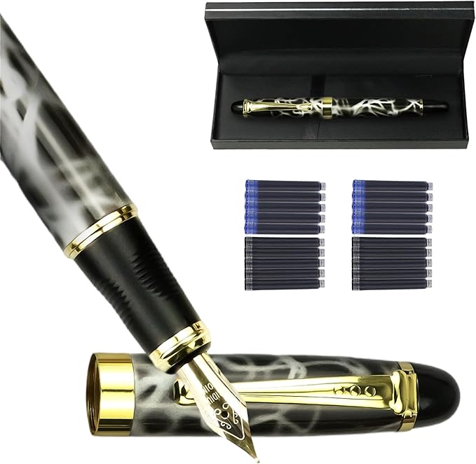 YUNCHUN Marble Fountain Pen for Writing, Refillable Luxury Metal Pens with Ink Pen with 10 Black and 10 Blue Ink Refills, Business Writing Fountain Pen for Men and Women, Marble Black & White