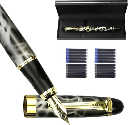 YUNCHUN Marble Fountain Pen for Writing, Refillable Luxury Metal Pens with Ink Pen with 10 Black and 10 Blue Ink Refills, Business Writing Fountain Pen for Men and Women, Marble Black & White