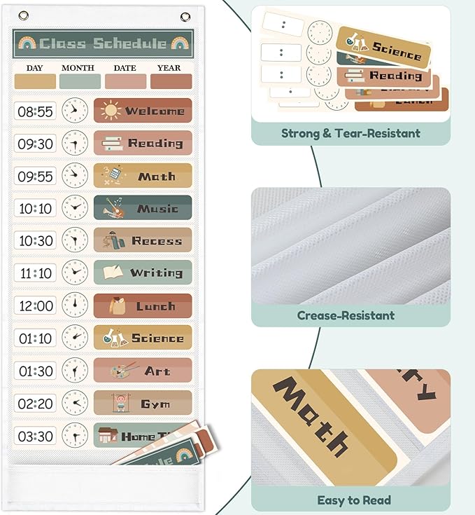 Daily Schedule Pocket Chart for Kids Management, 13+1 Pockets with 30 Cards Visual Time Reusable Dry-Eraser Schedule, Teacher Supplies for Boho Classroom Homeschool Decor