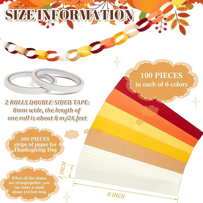 Lincia 600 Sheet Paper Chain Garland Strips 1x8 Inch with Double Sided Tape, DIY Construction Paper Chains for Birthday Wedding Holiday Party Decorations, Crafts Supplies (Warm Color)