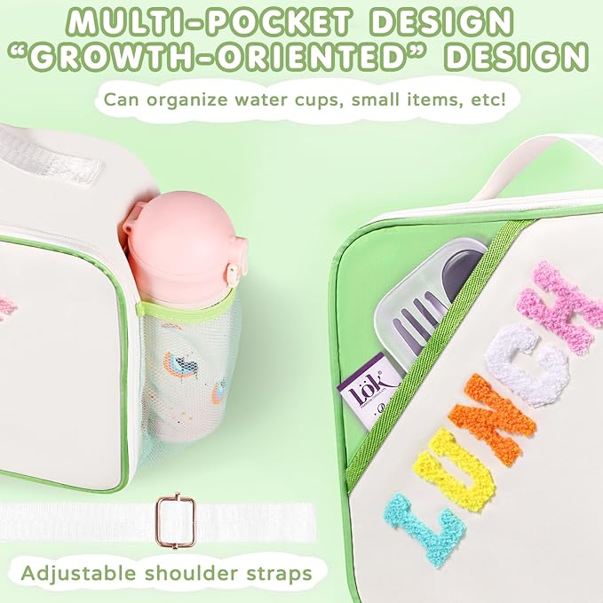 Nsrzua Lunch Bag Kids,Insulated Lunch Bag With Adjustable Shoulder Strap,Reusable Lunch Bag for Kids, Girls,Boys, lunch Bag Women,Preppy Lunch Box for School,Travel, Picnic (green)
