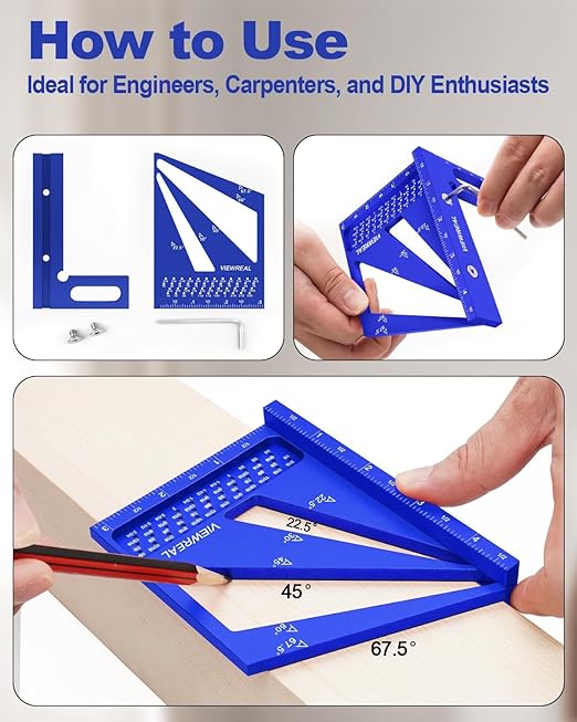 3D Multi Angle Measuring Ruler Aluminum Alloy Woodworking Square,Versatile Square Tool with Preset Angles from 22.5° to 90° Ideal Layout Tool for Carpentry, Engineering & DIY Projects