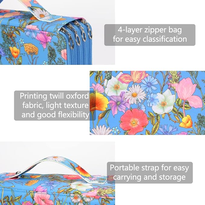 Colored Pencil Case - Large Capacity Colored Pencil Holder with Zipper Closure Twill Fabric Pencil Case for 300 Colored Pencils or 200 Gel Pen, Pencil Case Organizer for Artist (Blue Flower)