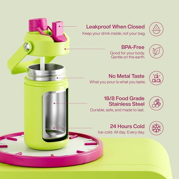 Kids Insulated Water Bottle with Straw - 12oz Stainless Steel Water Bottle with Dual Spouts, Leak-Proof, BPA-Free, Double Wall Vacuum Keeps Cold for 24 Hours for Sports, Travel, School (Acid Green)
