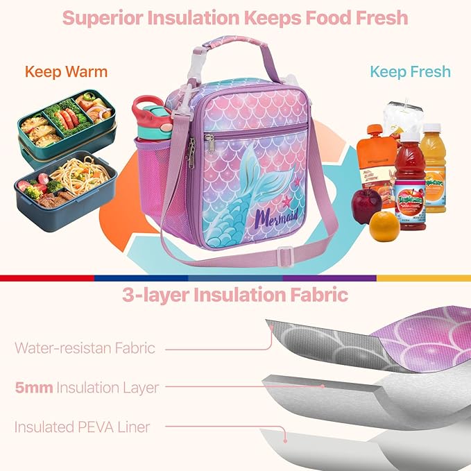Bagseri Kids Lunch Bag with Shoulder Strap - Insulated Crossbody Girls Lunch Box for School & Travel, Reusable Large Meal Tote with Bottle Holder, Fits Bento Box, Purple Mermaid Tail