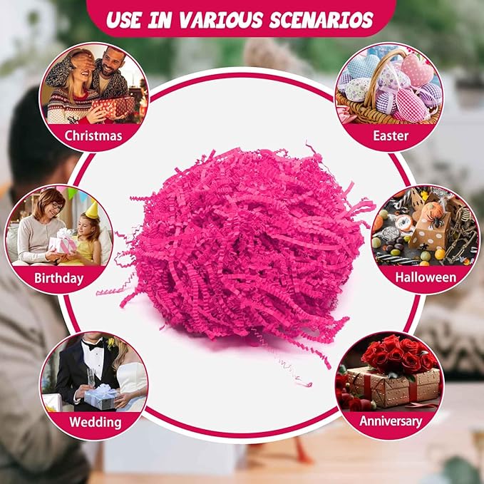 3LB Fluorescent Fuchsia Crinkle Cut Paper Shred Filler, Paper Shreds for Basket Fillers, Birthday, Gift Wrapping, Anniversary, Wedding, Halloween, Thanksgiving, Christmas Gift Decor Party Filler