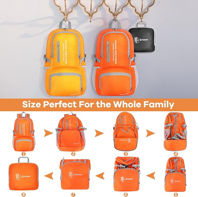 ZOMAKE Lightweight Packable Backpack, Water Resistant Foldable Daypack 35L | Light Hiking Backpacks Collapsible Day Pack for Travel, Everyday Carry, Multi Compartment Storage, Adjustable Strap (Orange)