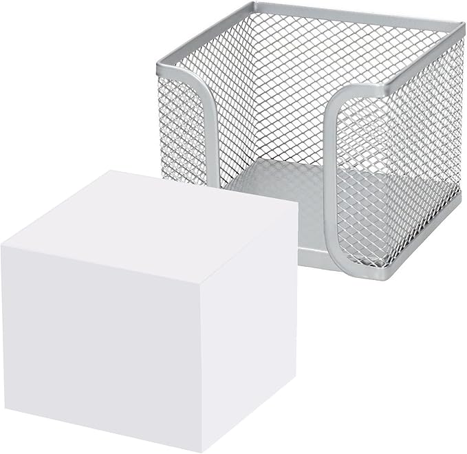 D.RECT - Note Box | Made of Mesh | Solid Metal | For the Modern Workplace | Silver | with Note Pad 700 Sheets - 95 x 95 x 80 mm