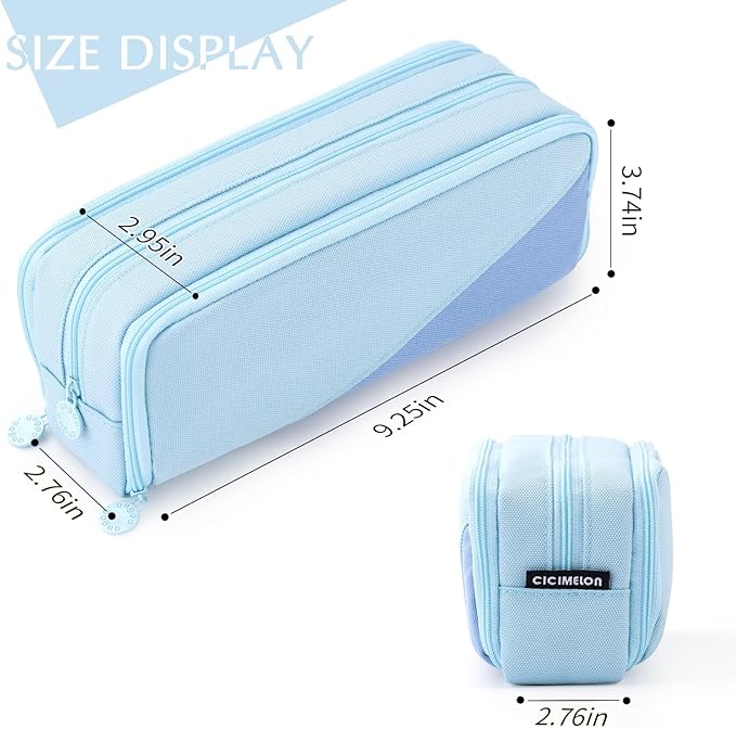 CICIMELON Big Capacity Pencil Case 3 Compartments Pen Pouch Bag Multifunctional Organizer for School Office, Haze Blue